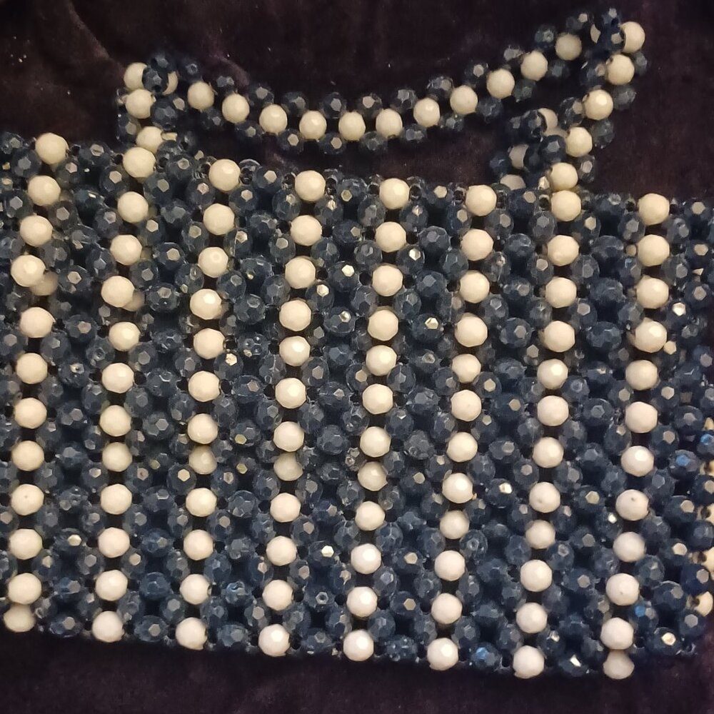 Vintage navy and white beaded purse